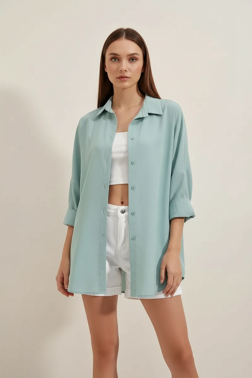 Kadın Oversize Basic Pamuklu Su Yeşili Gömlek
