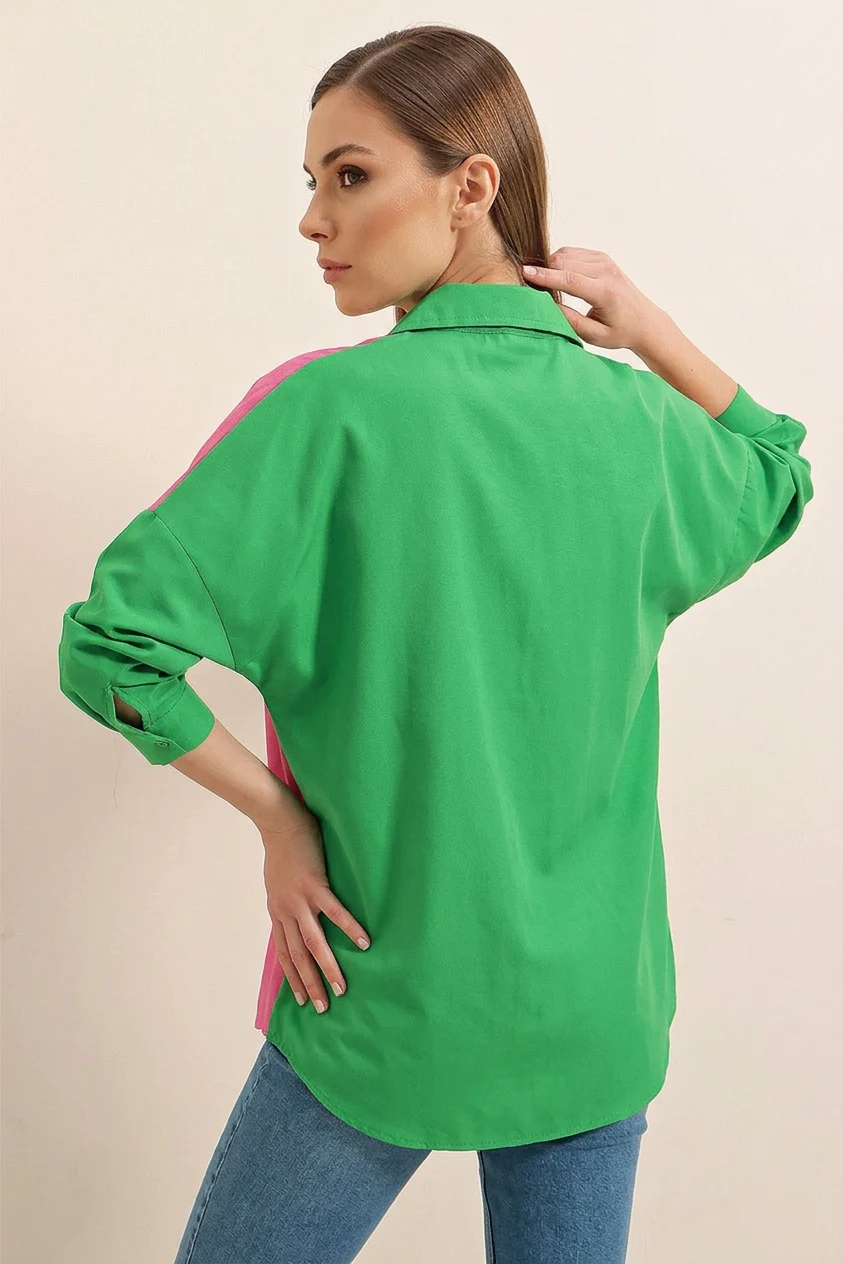 Kadın Blok Renkli Oversize Pamuklu Yeşil Gömlek