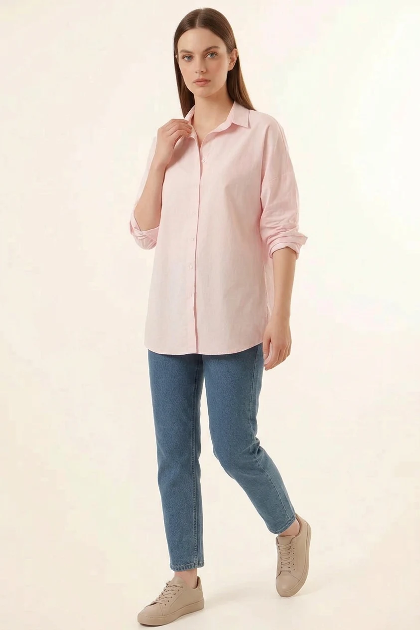 Kadın Oversize Basic Pamuklu Pudra Gömlek