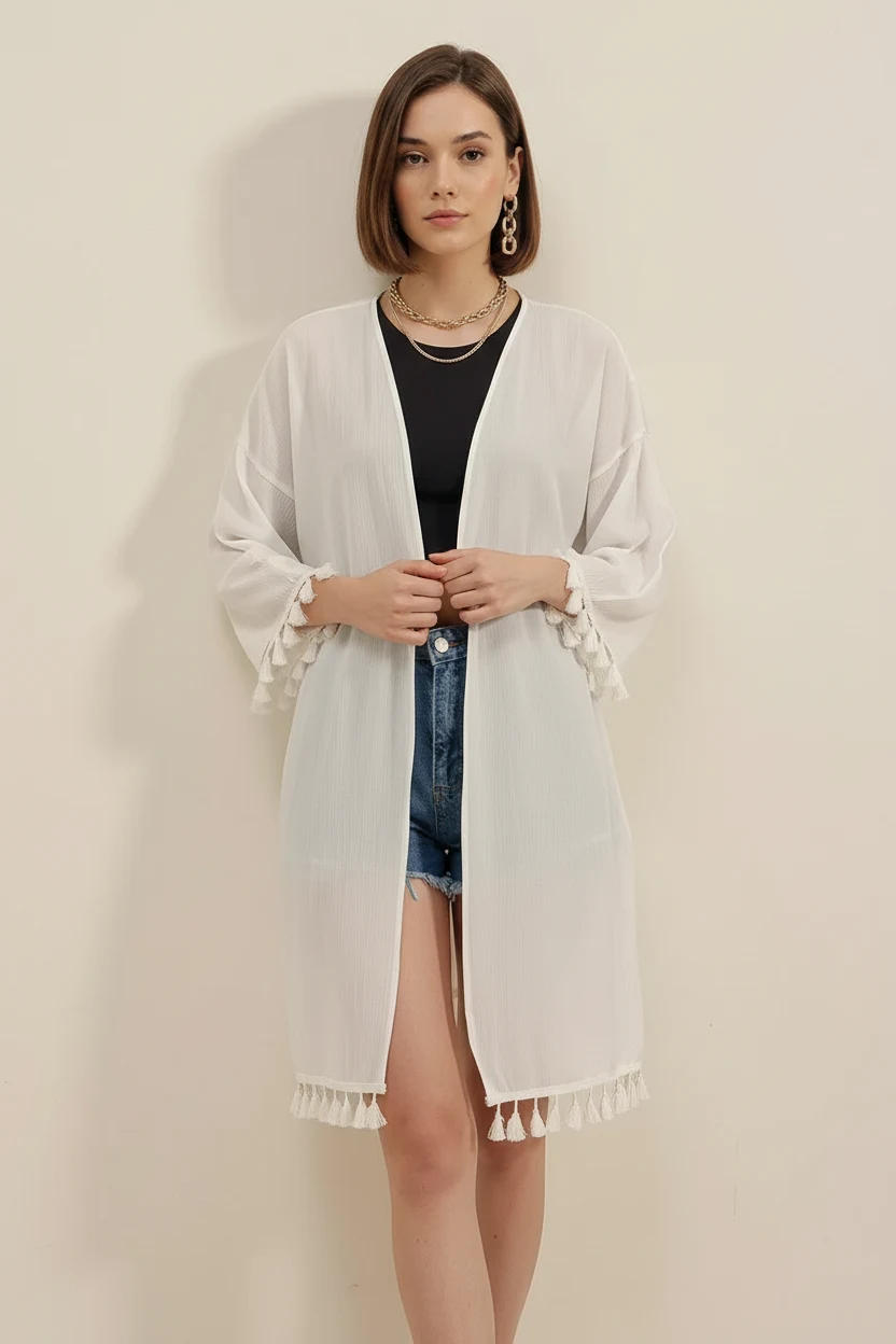 Kadın V Yaka Fırfırlı Püsküllü Kenar Beyaz Kimono