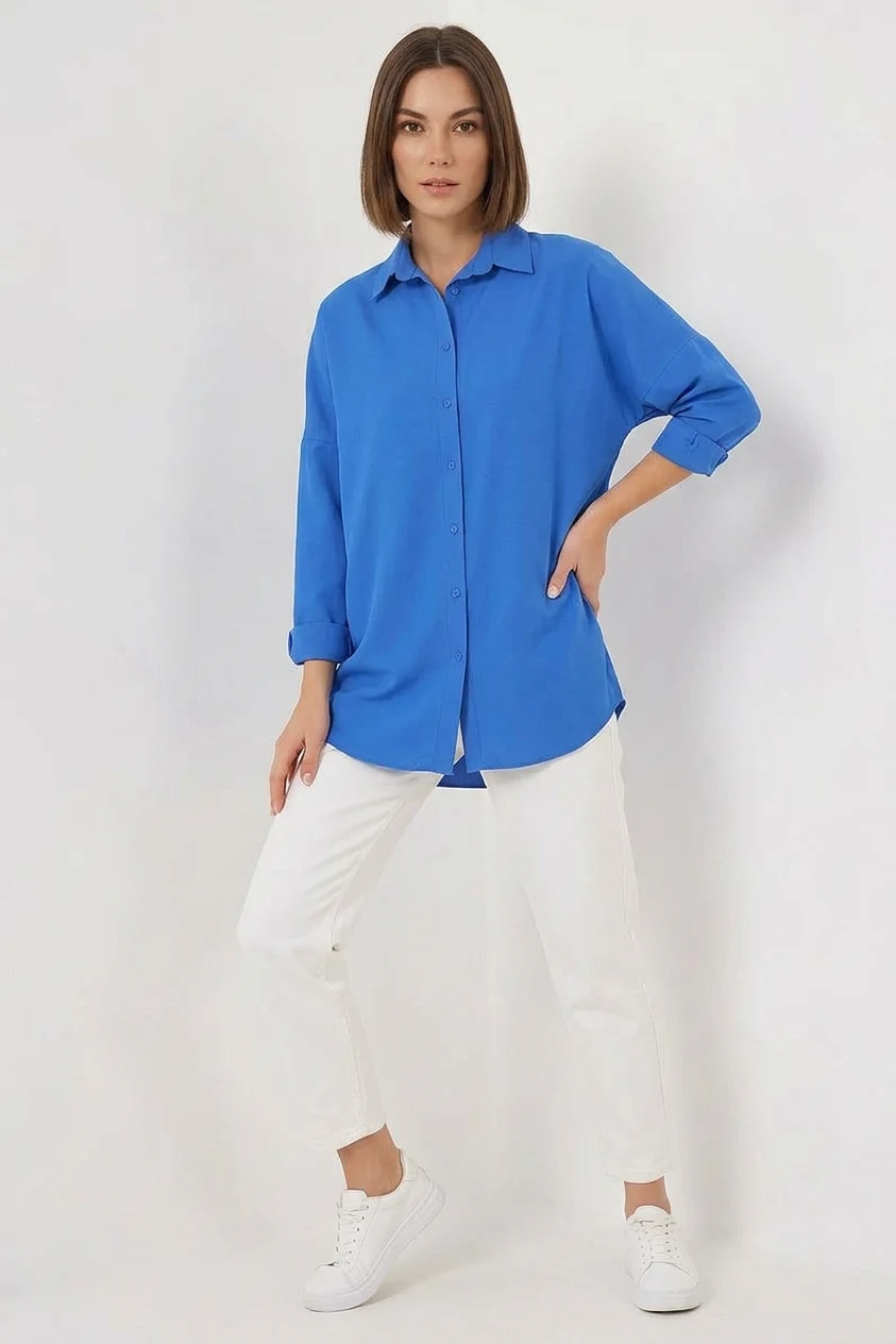 Kadın Uzun Kol Basic Oversize Pamuklu Mavi Gömlek