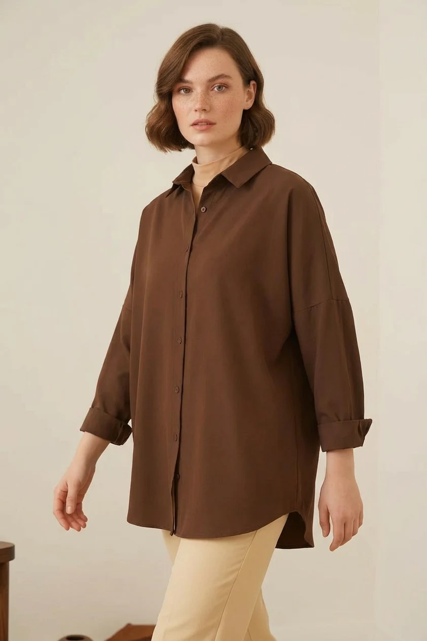 Kadın Oversize Kesim Basic Pamuklu Kahverengi Tesettür Gömlek