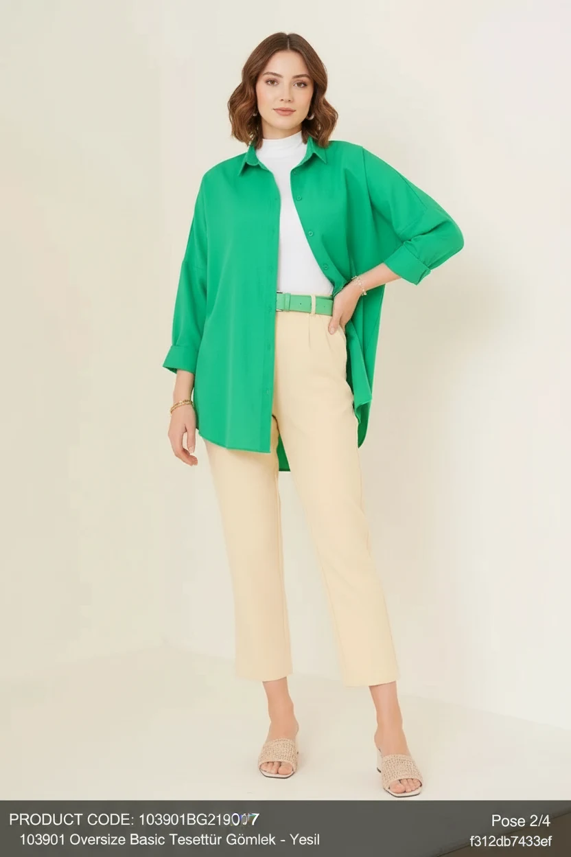 Kadın Oversize Kesim Basic Pamuklu Yeşil Tesettür Gömlek