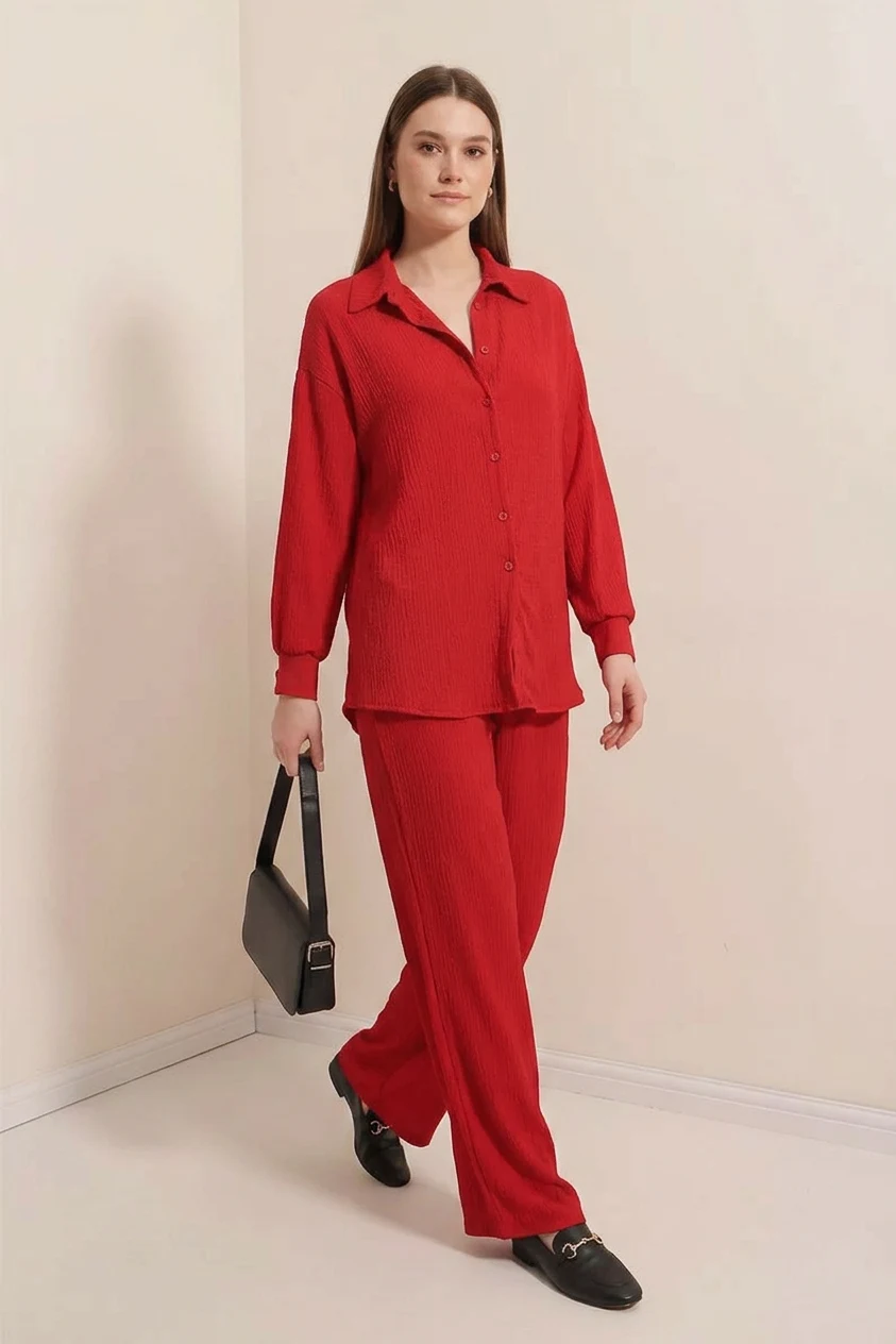 Kadın Gömlek Yaka Oversize Kırmızı İkili Takım