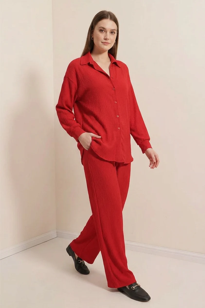 Kadın Gömlek Yaka Oversize Kırmızı İkili Takım
