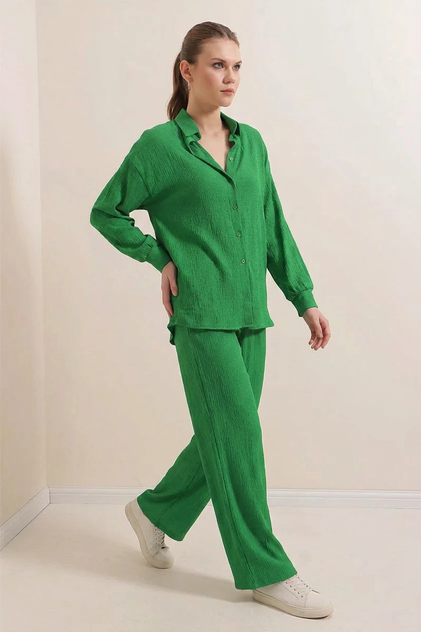 Kadın Gömlek Yaka Oversize Yeşil İkili Takım