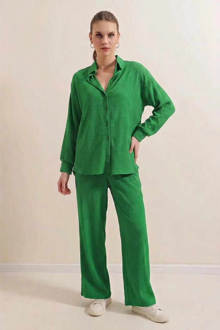 Kadın Gömlek Yaka Oversize Yeşil İkili Takım