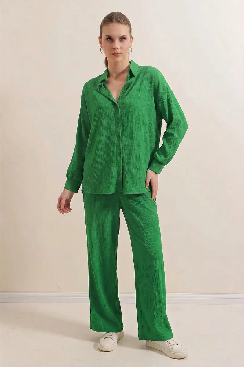 Kadın Gömlek Yaka Oversize Yeşil İkili Takım
