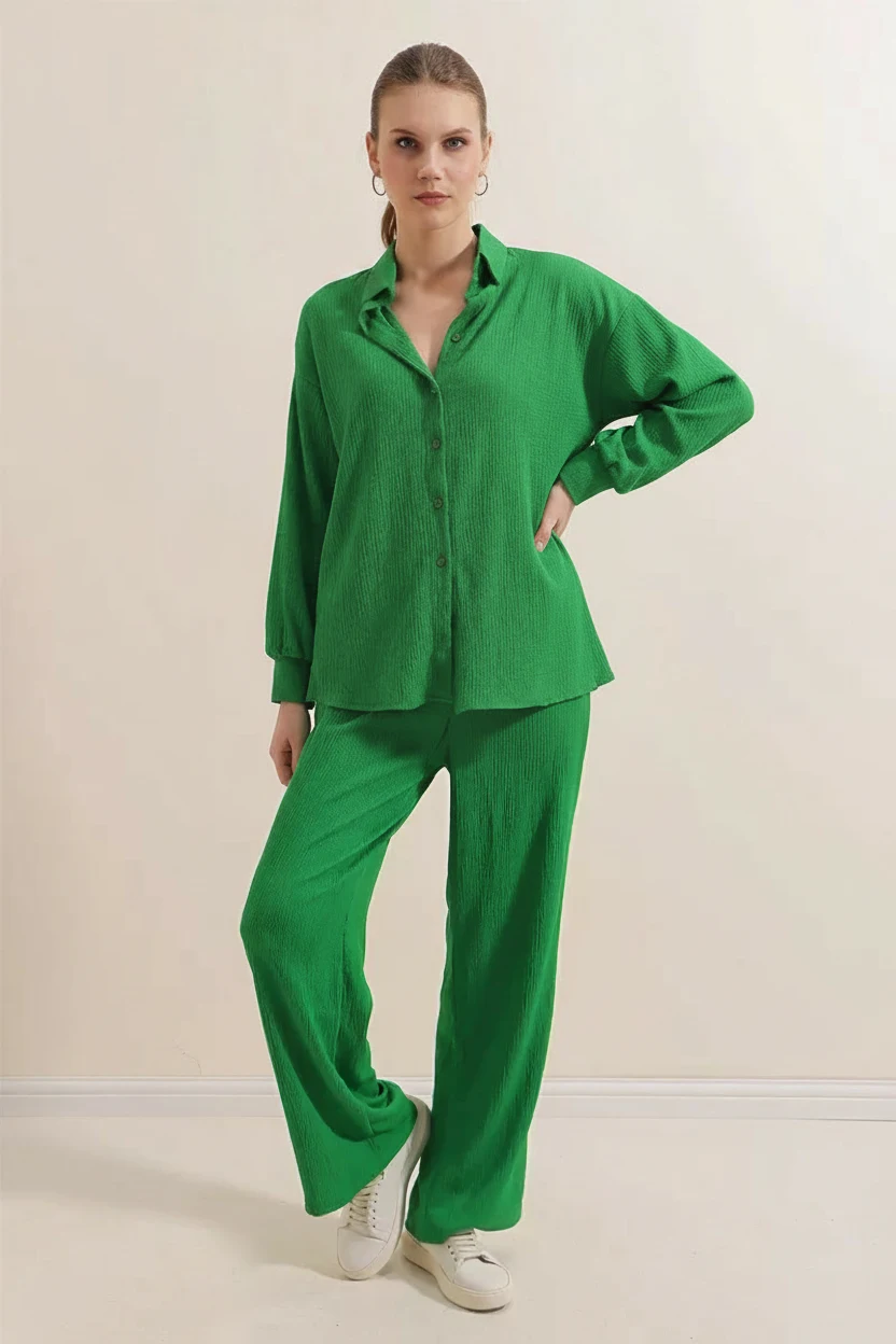 Kadın Gömlek Yaka Oversize Yeşil İkili Takım