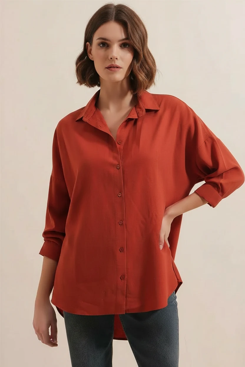 Kadın Oversize Basic Pamuklu Kiremit Gömlek