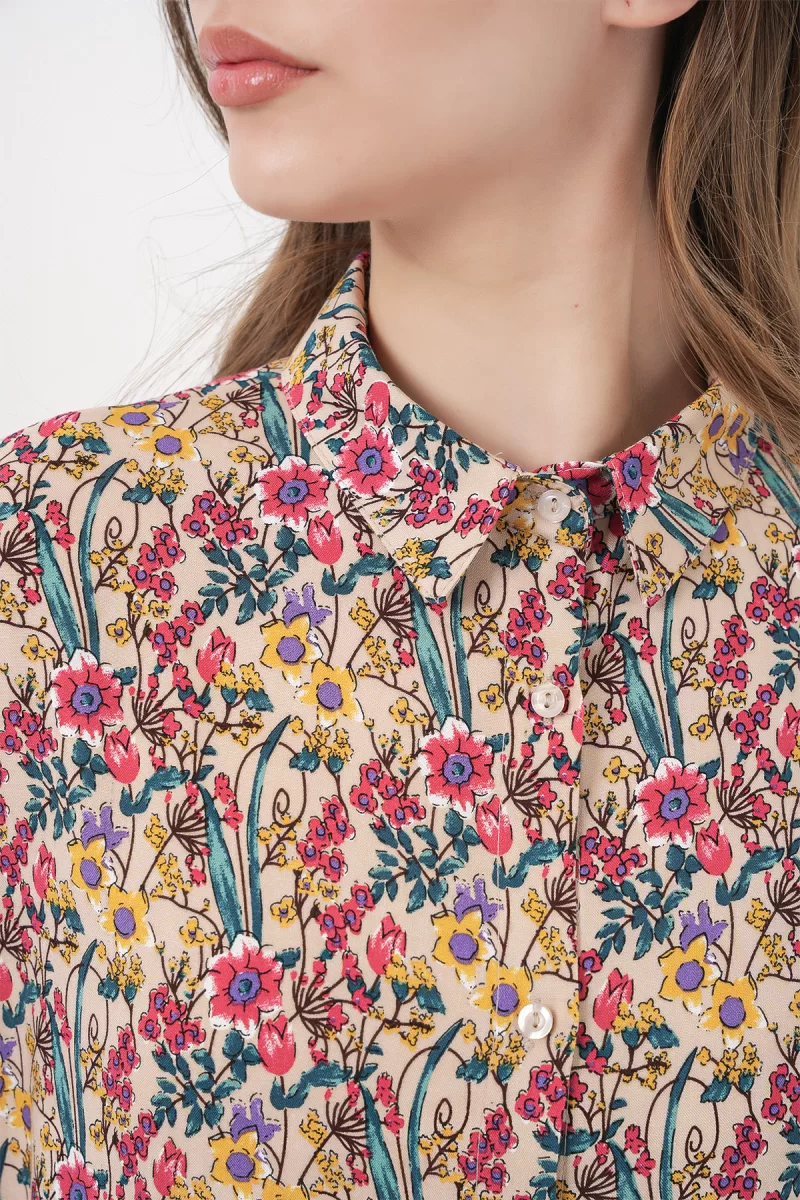 Kadın Çiçek Desenli Viskon Bej Gömlek