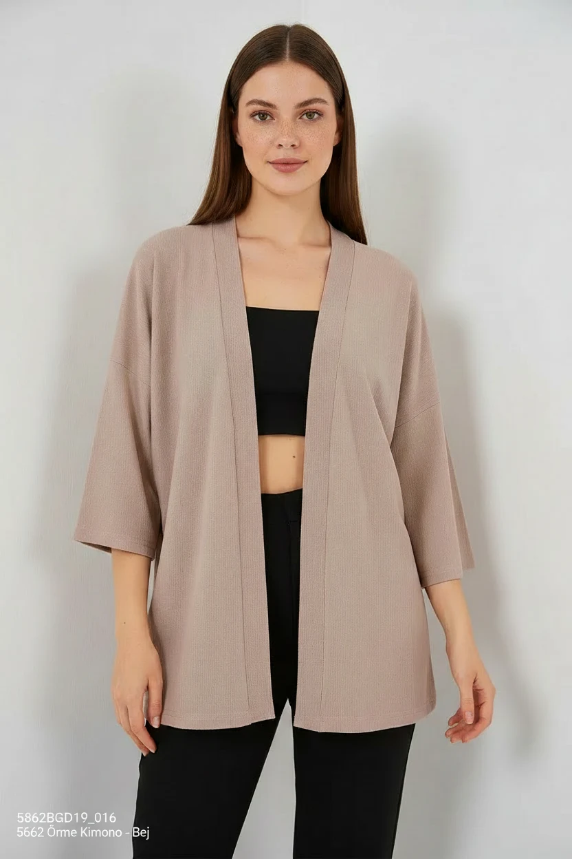 Kadın Gömlek Yaka Dökümlü Kol Bej Kimono