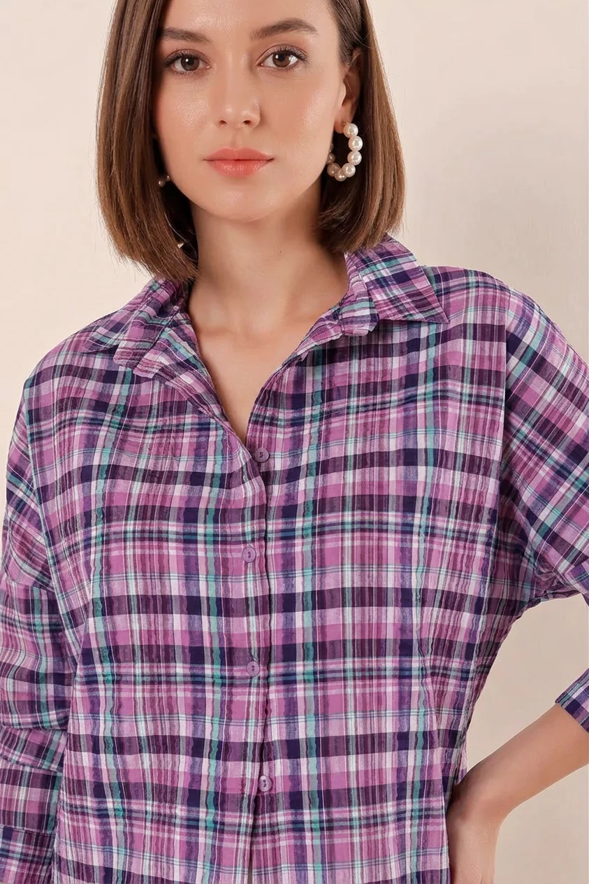 Kadın Basic Oversize Kareli Desenli Pamuklu Mor Beyaz Gömlek