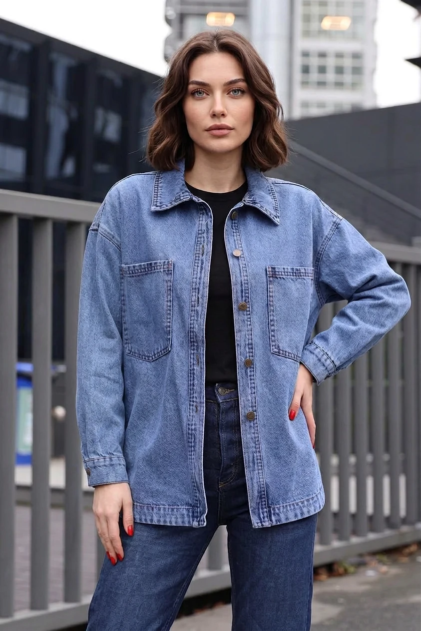 Kadın Gömlek Yaka Çift Cepli Oversize Pamuklu Lacivert Ceket