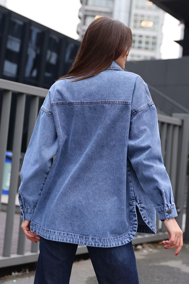 Kadın Gömlek Yaka Çift Cepli Oversize Pamuklu Lacivert Ceket