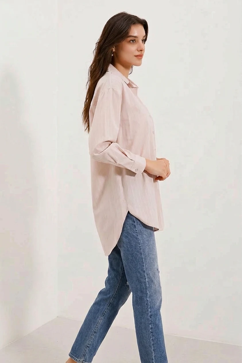 Kadın Oversize Çizgili Pamuklu Bej Gömlek