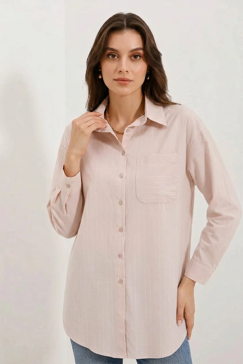 Kadın Oversize Çizgili Pamuklu Bej Gömlek