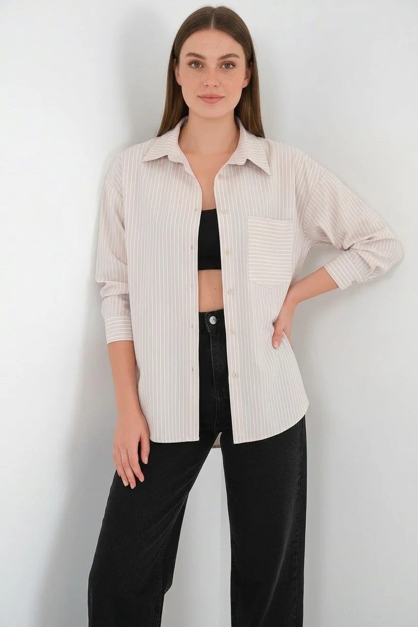 Kadın Oversize Tek Cepli Çizgili Pamuklu Krem Gömlek