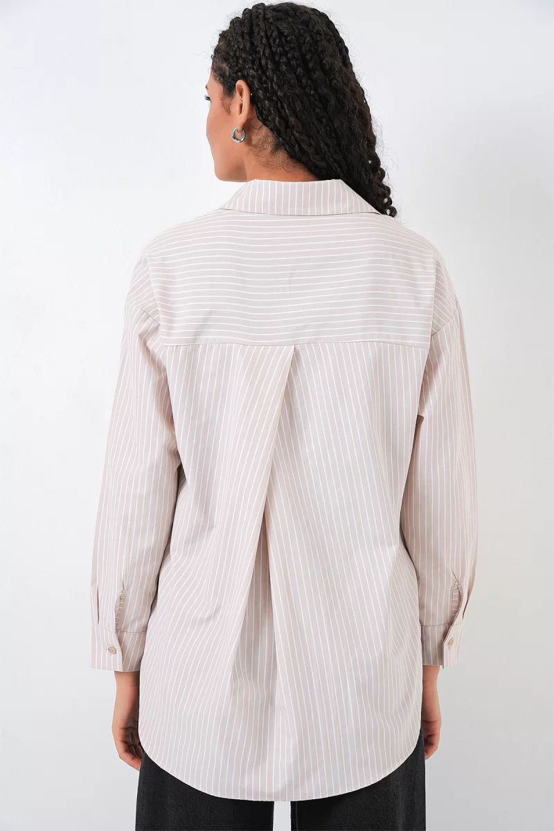 Kadın Oversize Tek Cepli Çizgili Pamuklu Krem Gömlek