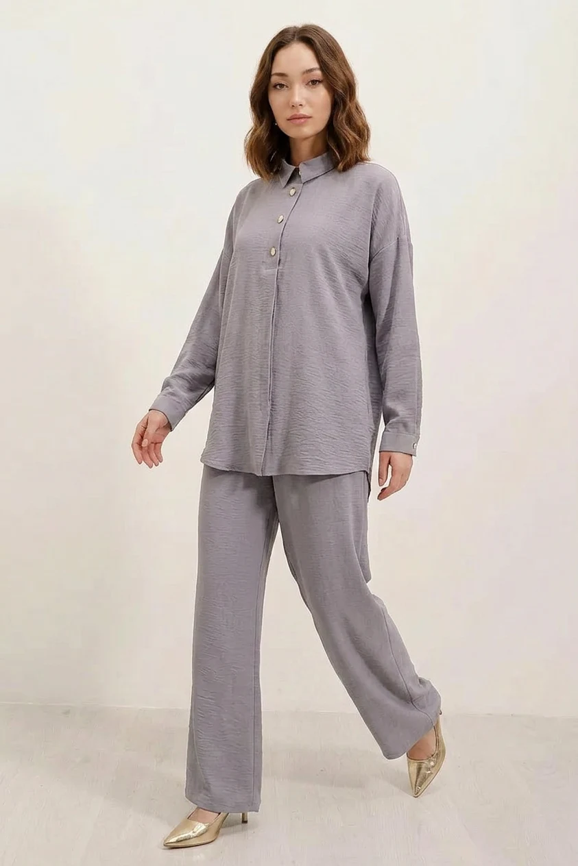 Kadın Düğmeli Oversize Gri Takım