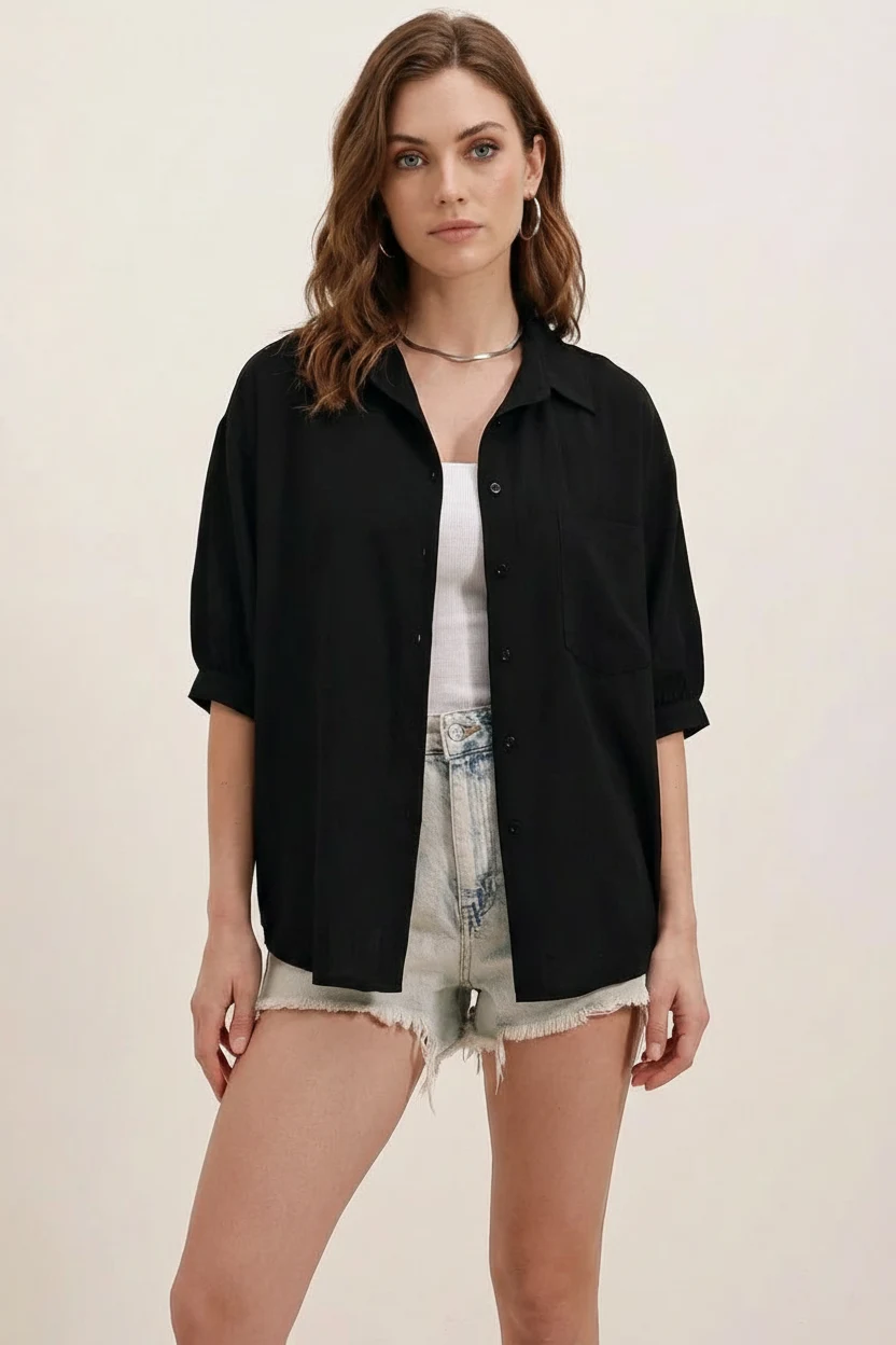 Kadın Kısa Kol Basic Oversize Pamuklu Siyah Gömlek