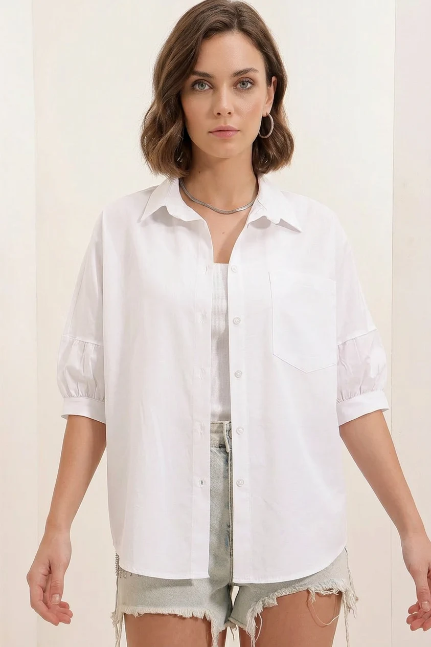 Kadın Kısa Kol Basic Oversize Pamuklu Beyaz Gömlek