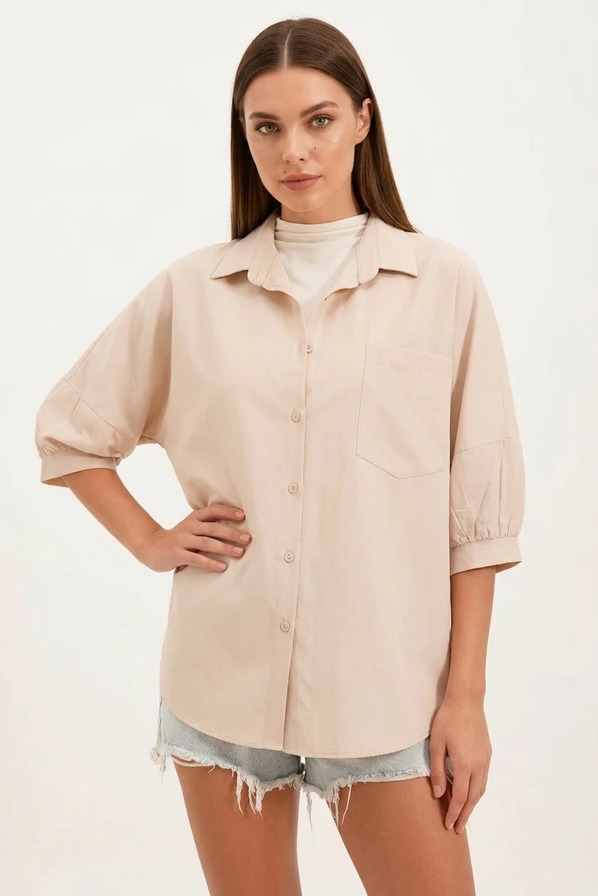 Kadın Kısa Kol Basic Oversize Pamuklu Krem Gömlek