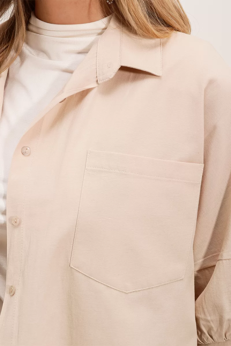 Kadın Kısa Kol Basic Oversize Pamuklu Krem Gömlek