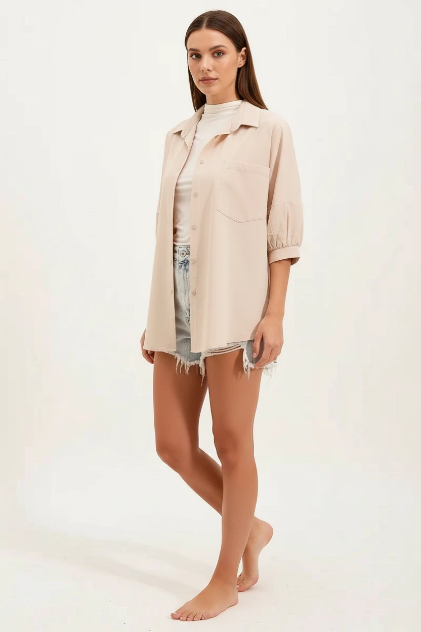 Kadın Kısa Kol Basic Oversize Pamuklu Krem Gömlek